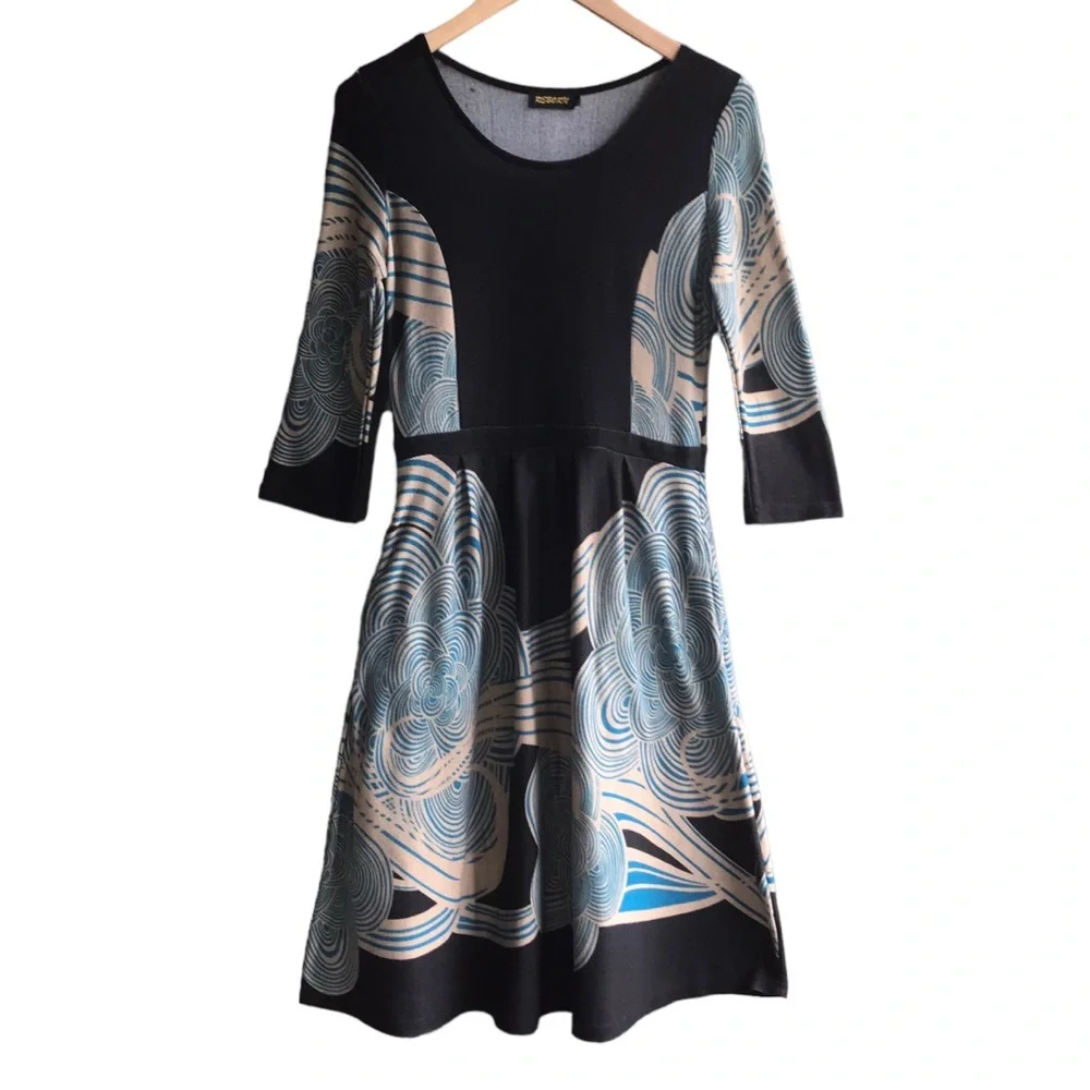 REBORN Boho Swirls Dress Pockets Size L Black Blue Art Deco 3/4 Sleeves Comfy